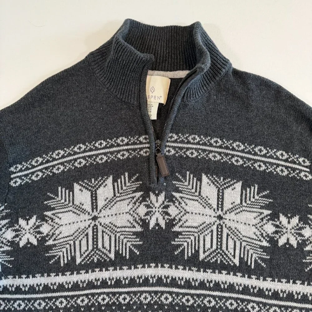 ASPEN Grey Nordic Snowflake 1/4 Zip Cotton Sweater Medium